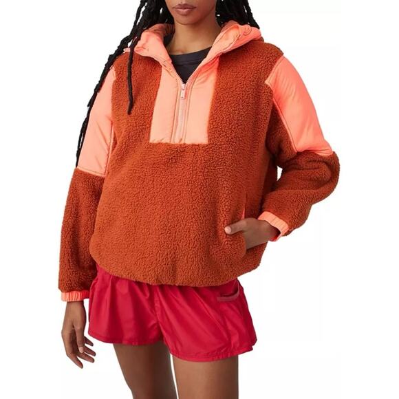 Free People Movement Lead The Pack Neon Coral Combo Fleece Oversized Hoodie XS - Picture 11 of 12